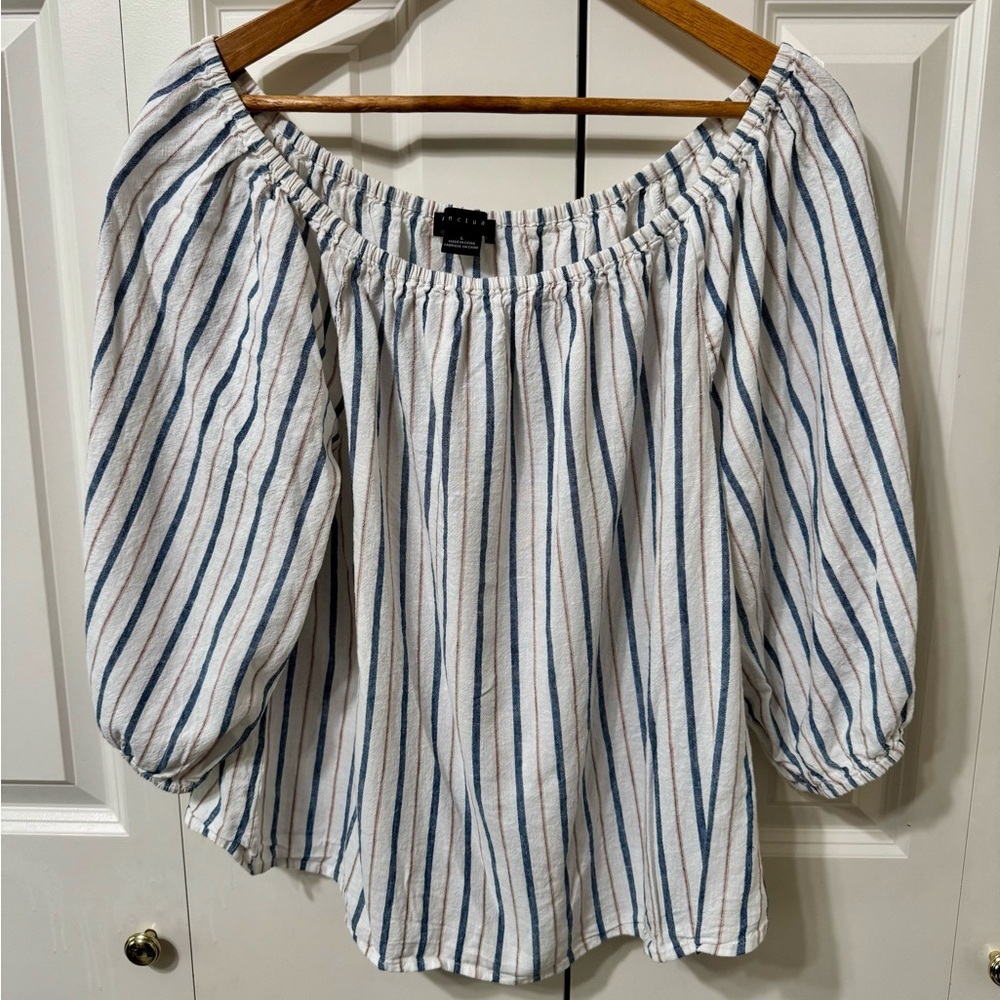 Evereve EUC❤️Sanctuary White/Navy/Tan Stripe. Off/on shoulder Puff Sleeve - Picture 2 of 9